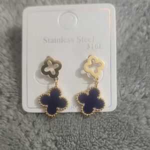 Gold-Tone Clover Drop Earrings with Navy Enamel